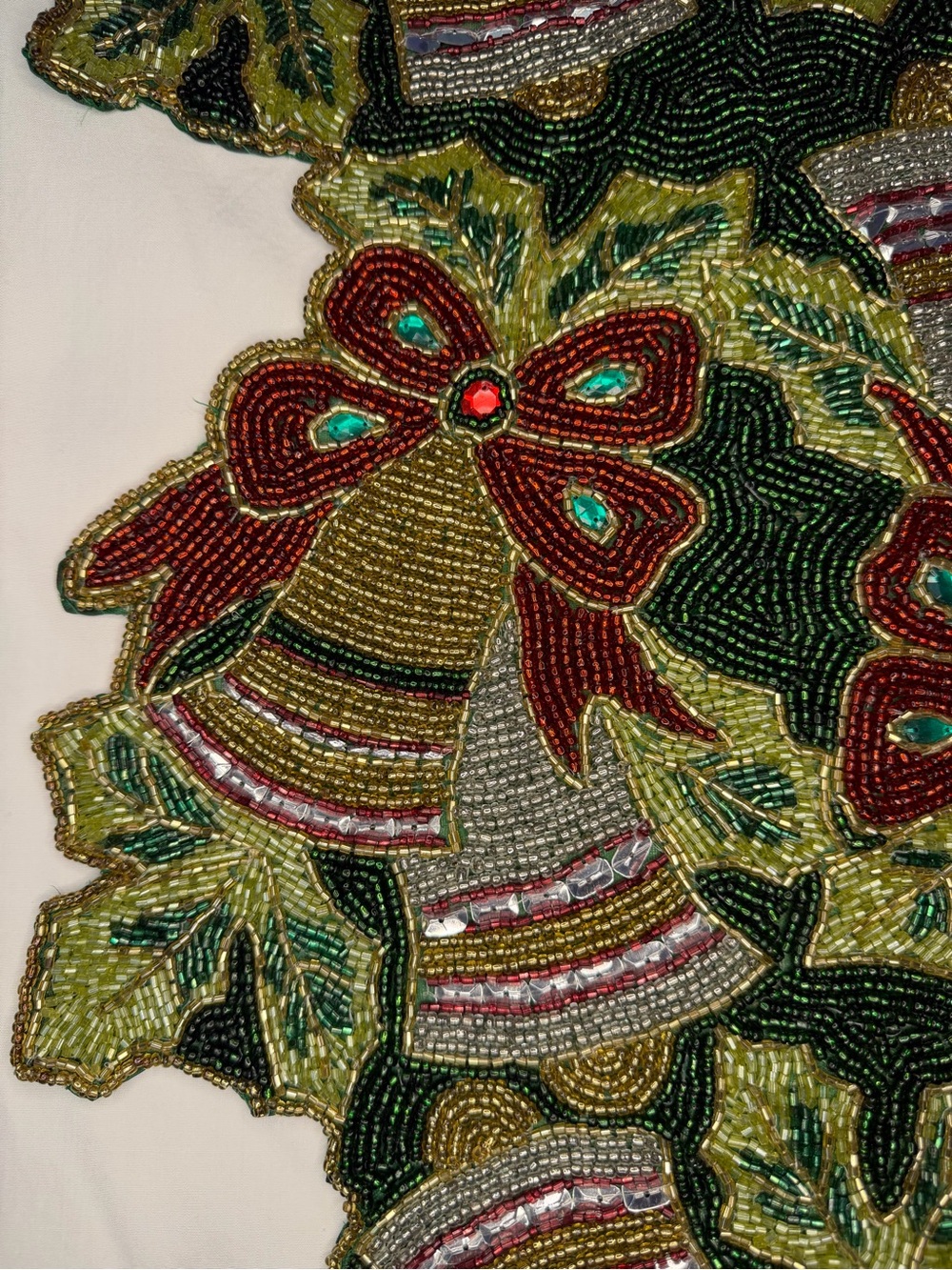 Beautiful Green, Red, and Gold Beaded Holiday Table Runner. Christmas. Handmade